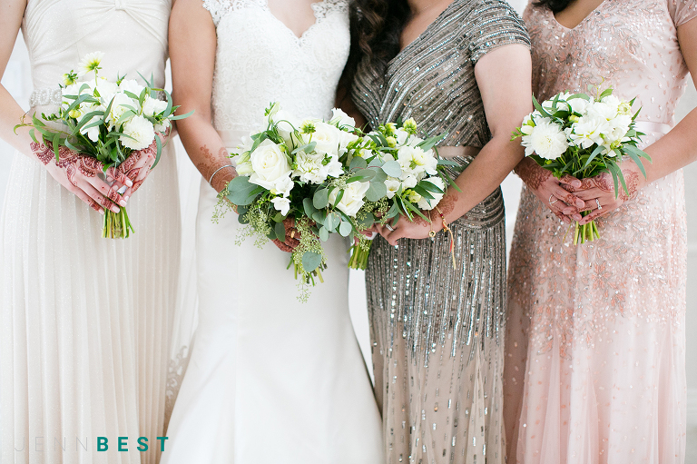 JENN BEST PHOTOGRAPHY, Vancouver Wedding Photographer, bridal details, wedding bouquets, sparkly bridesmaid dresses, blush bridesmaid dress, bridesmaid dresses, white flowers, glamorous bridesmaid dresses
